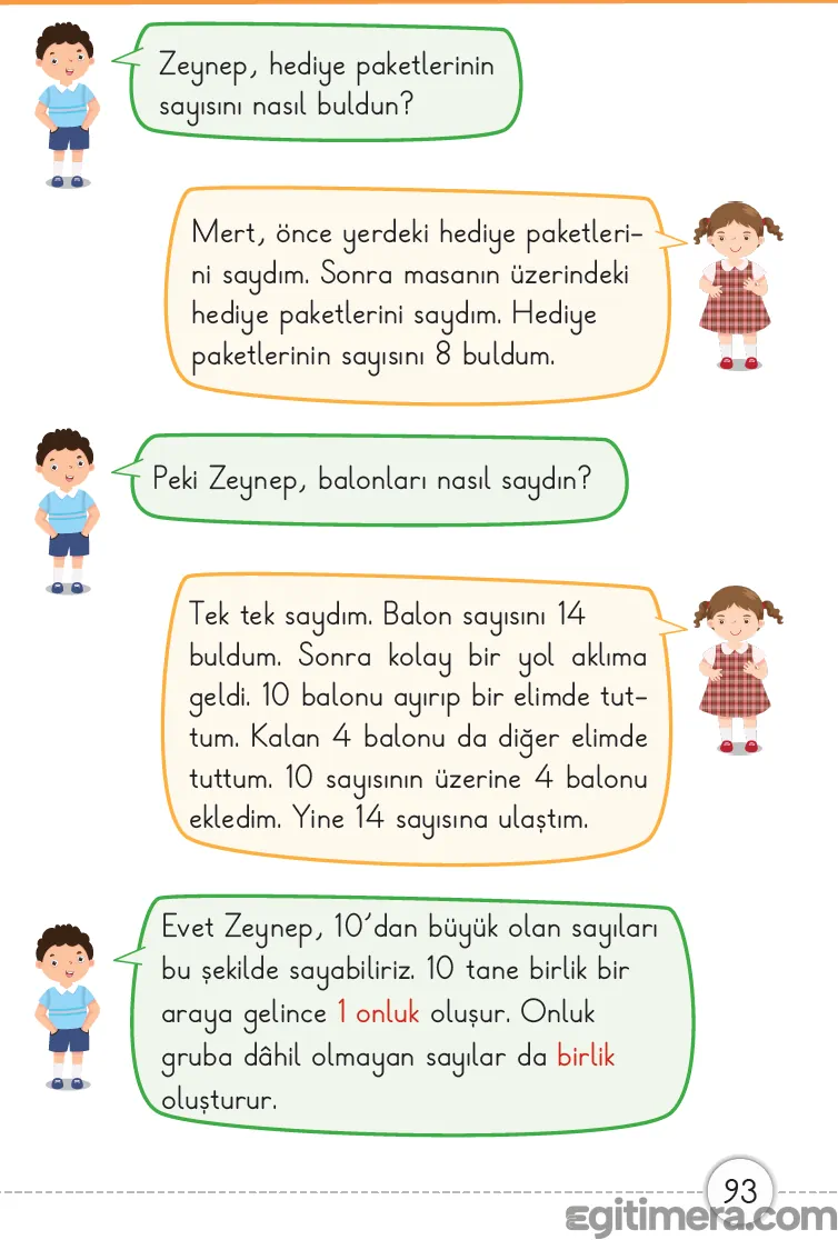 1. Sınıf Matematik ders kitabı sayfa 93; Zeynep ve Mert karakterlerinin onluk ve birlik kavramlarını hediye paketleri ve balonlar üzerinden anlattığı sayfa.
