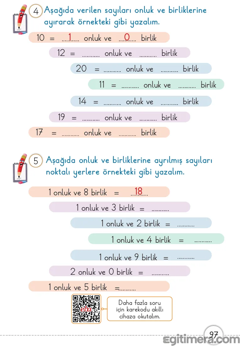 1. Sınıf Matematik ders kitabı sayfa 97; 10 dan 20 ye kadar olan sayıların onluk ve birlik gruplarına ayrıldığı yazılı çalışma sayfası.