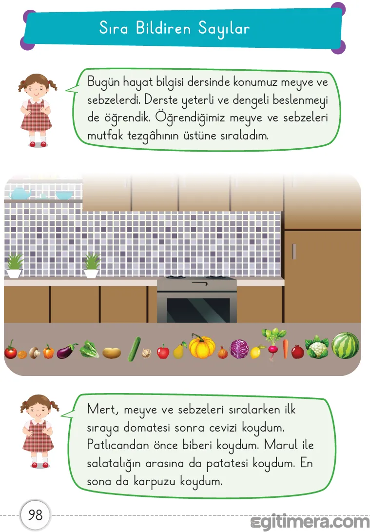 1. Sınıf Matematik ders kitabı sayfa 98; bir mutfak tezgahı üzerinde domates, ceviz, marul, patates, salatalık, biber, patlıcan ve karpuzun dizili olduğu görsel.