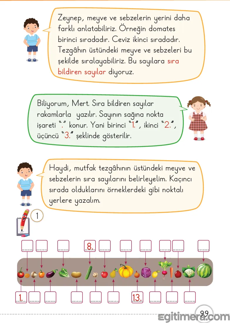 1. Sınıf Matematik ders kitabı sayfa 99; mutfak tezgahındaki meyve ve sebzelerin altına "birinci"den "sekizinci"ye kadar sıra sayılarının yazıldığı çalışma sayfası.