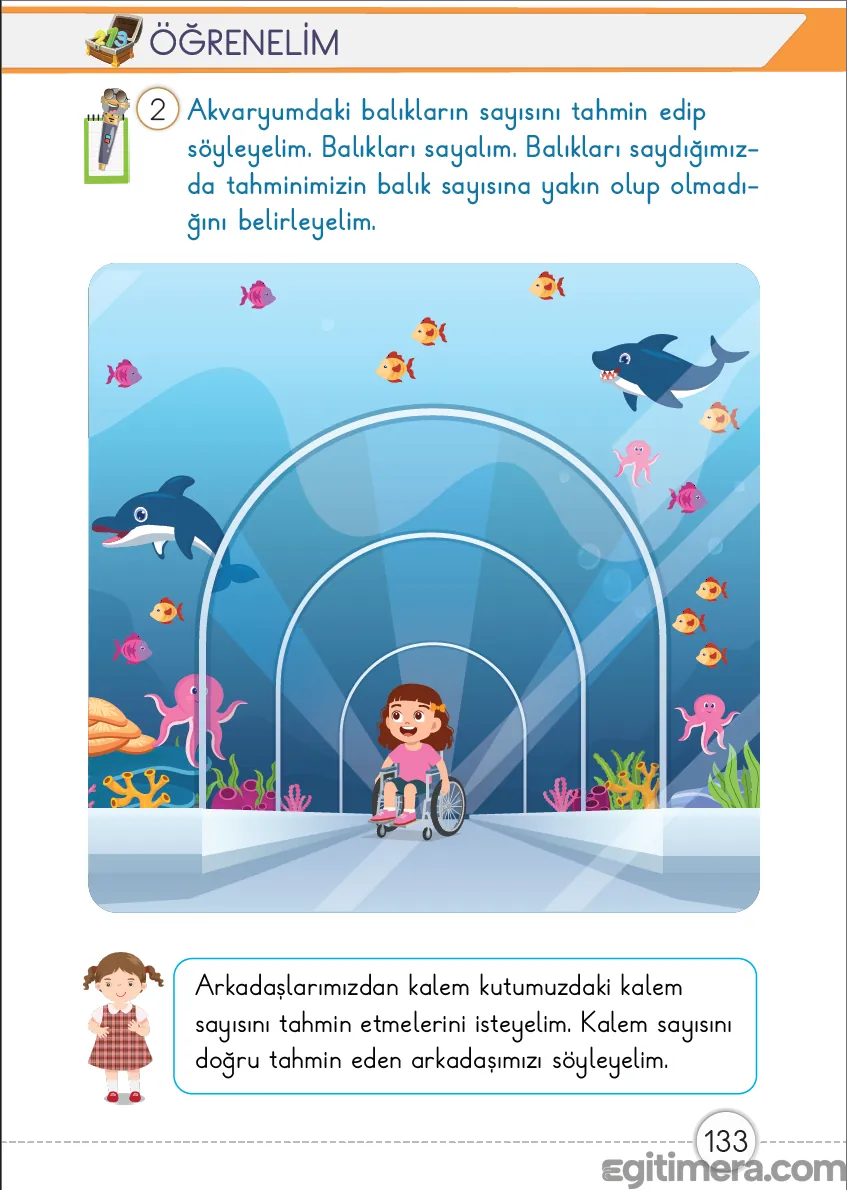 Görsel miktar tahmini yapmayı ve gerçek sayımla karşılaştırma becerisini geliştiren sayfa 133 uygulama alanı.