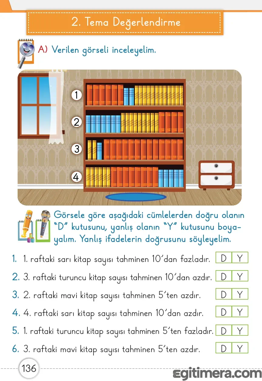Tahmin becerilerini ve "az/fazla" kavramlarını ölçen 2. Tema Değerlendirme bölümü uygulama rehberi.