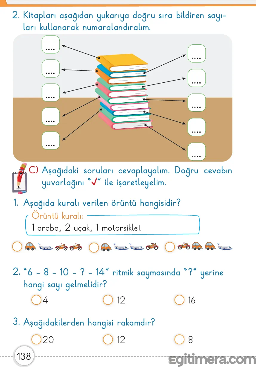 Sayfa 138: Sıra bildiren sayılar, ritmik sayma ve rakam kavramı üzerine değerlendirme soruları.