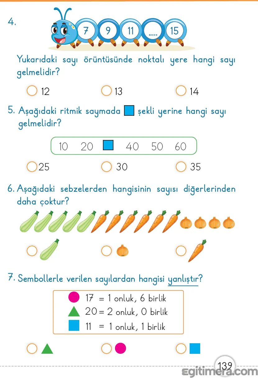 Sayfa 139: Sayı örüntüleri, ritmik sayma ve basamak değeri değerlendirme test soruları.