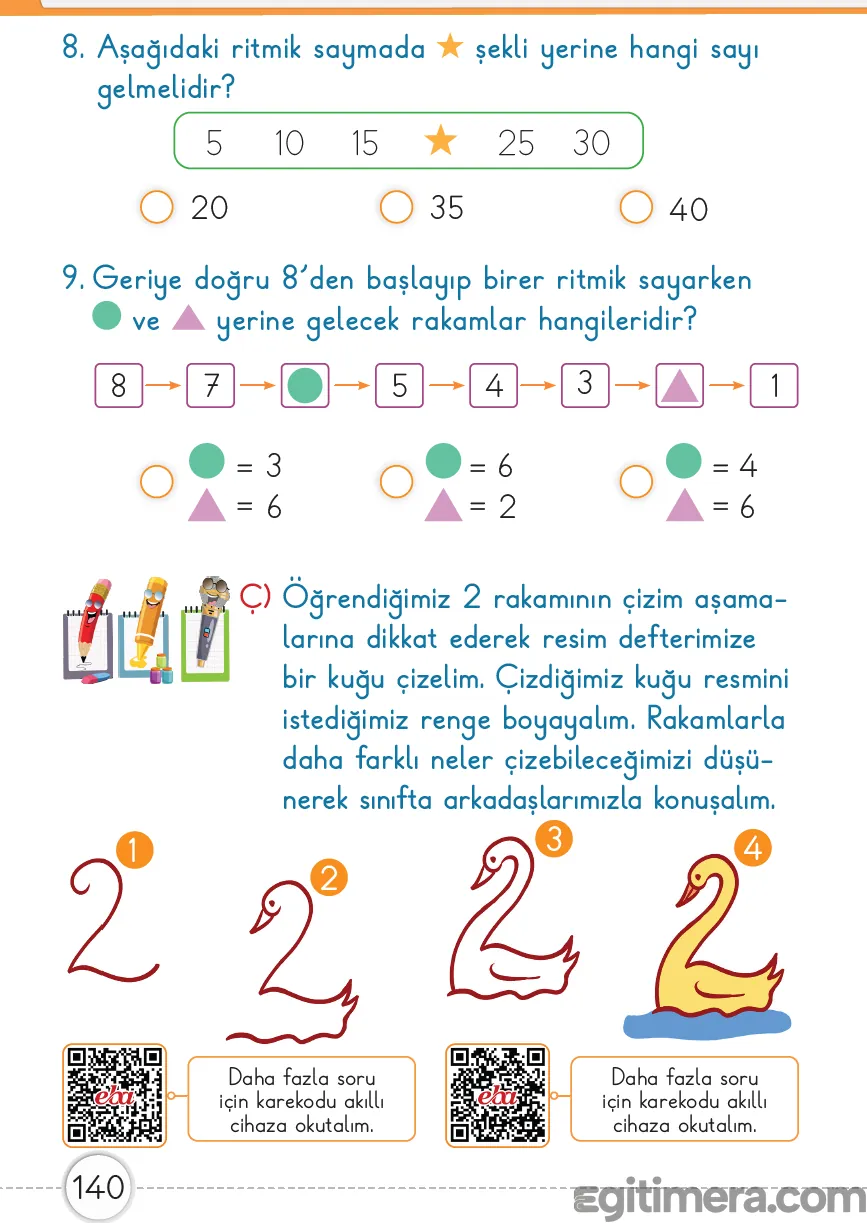Sayfa 140: Ritmik sayma değerlendirme soruları ve rakamlarla görsel sanat çalışması.