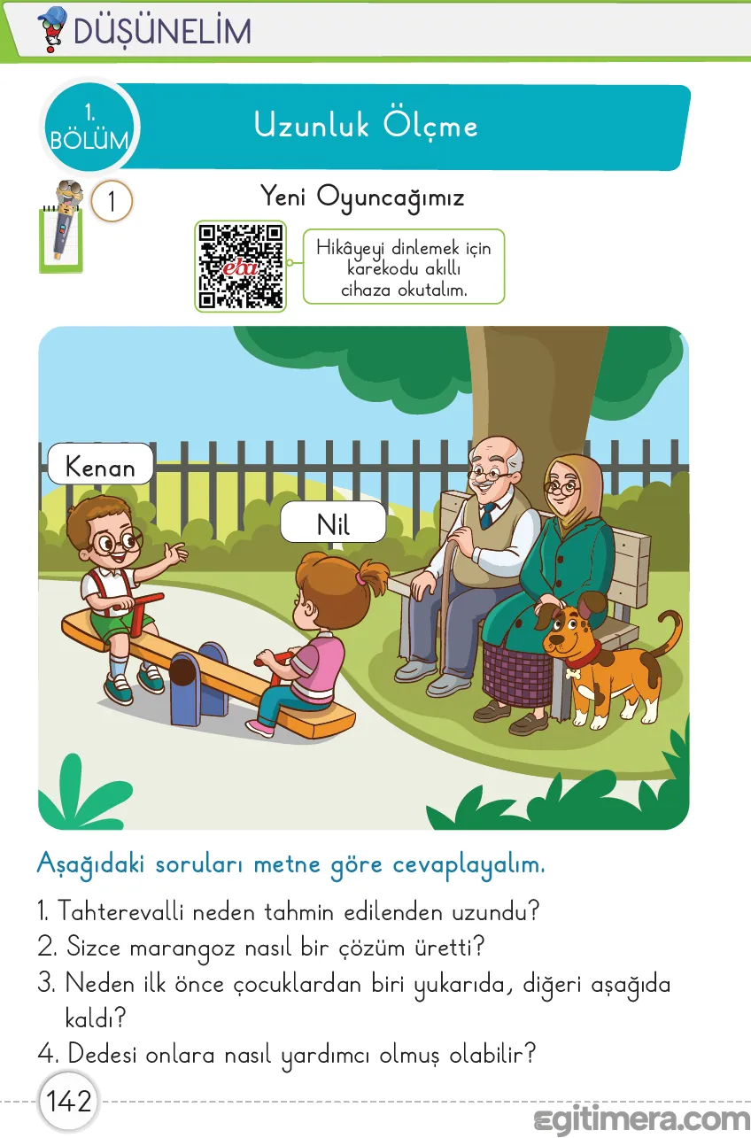 Sayfa 142: Uzunluk ölçme kavramlarına hazırlık yapan "Yeni Oyuncağımız" metni analiz soruları.