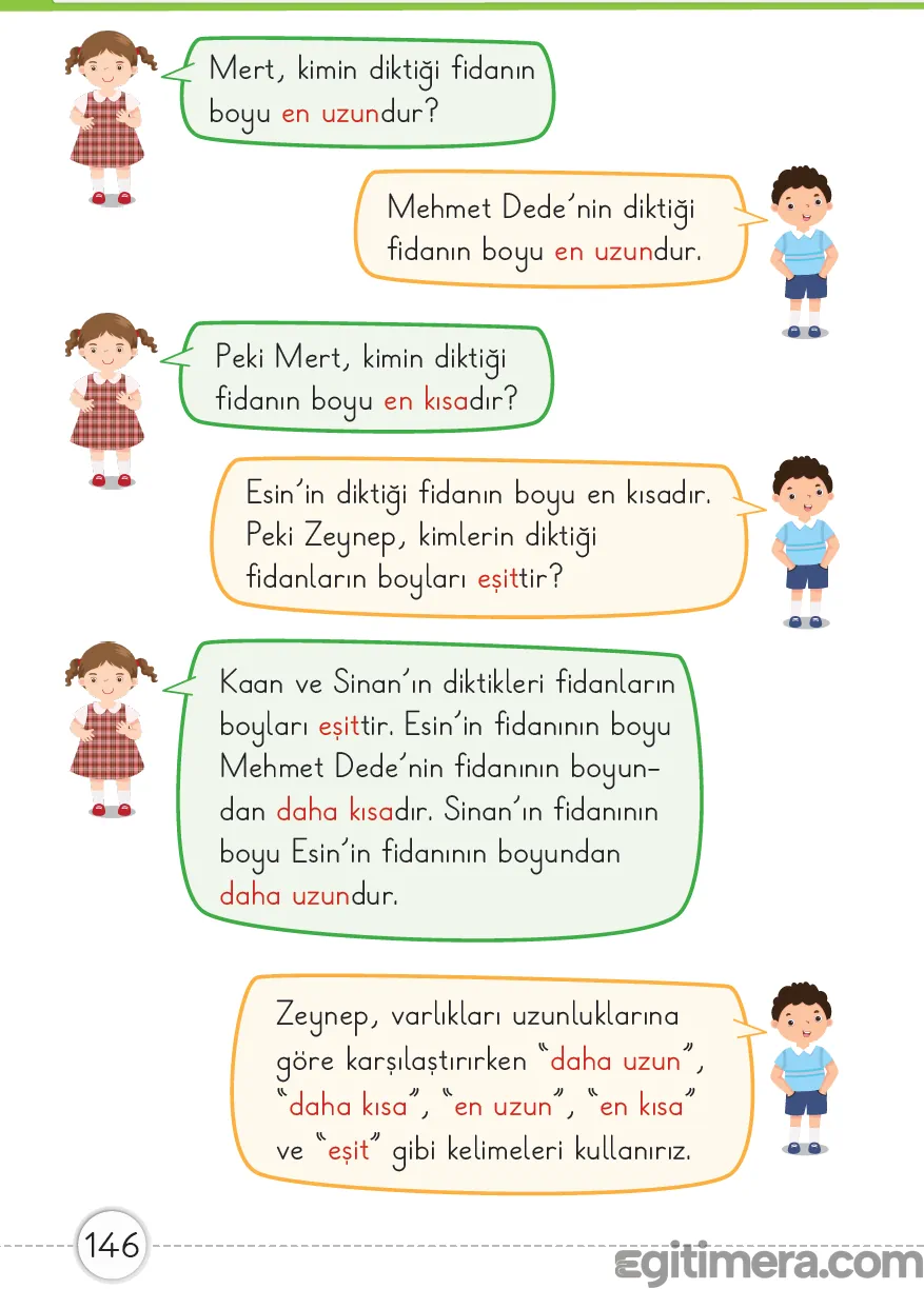 Sayfa 146: Uzunlukları karşılaştırırken kullanılan temel kavramlar ve fidan boyu analizi.