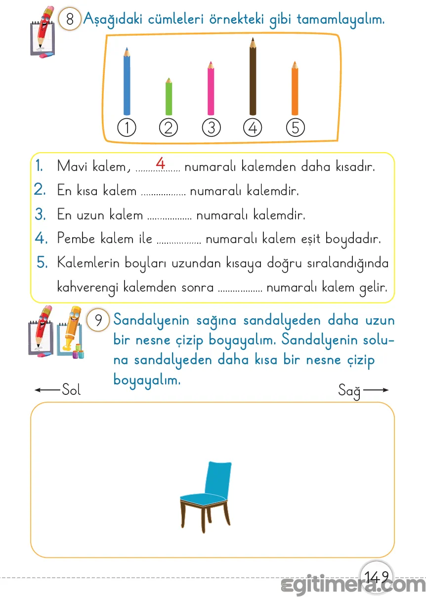 Sayfa 149: Uzunluk kavramlarını cümlelerle ifade etme ve görsel karşılaştırma çalışması.