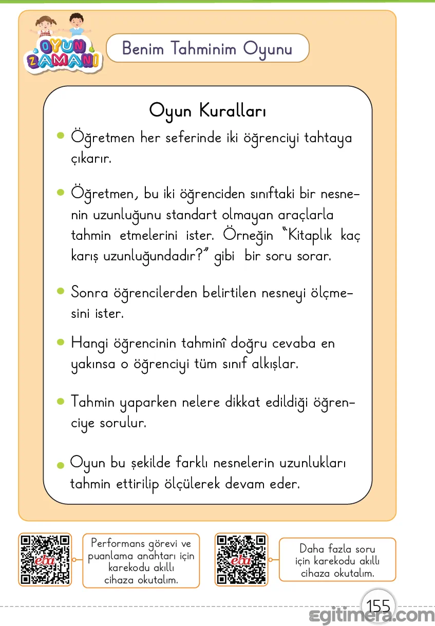 Sayfa 155: Uzunluk ölçmede tahmin stratejileri ve sınıf içi uygulama oyunu.