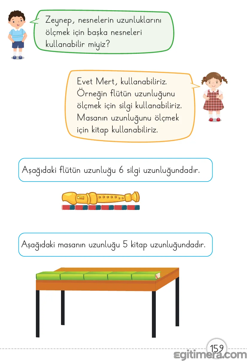 Sayfa 159: Uzunlukları ölçmek için farklı nesneleri (silgi, kitap vb.) birim olarak kullanma çalışması.
