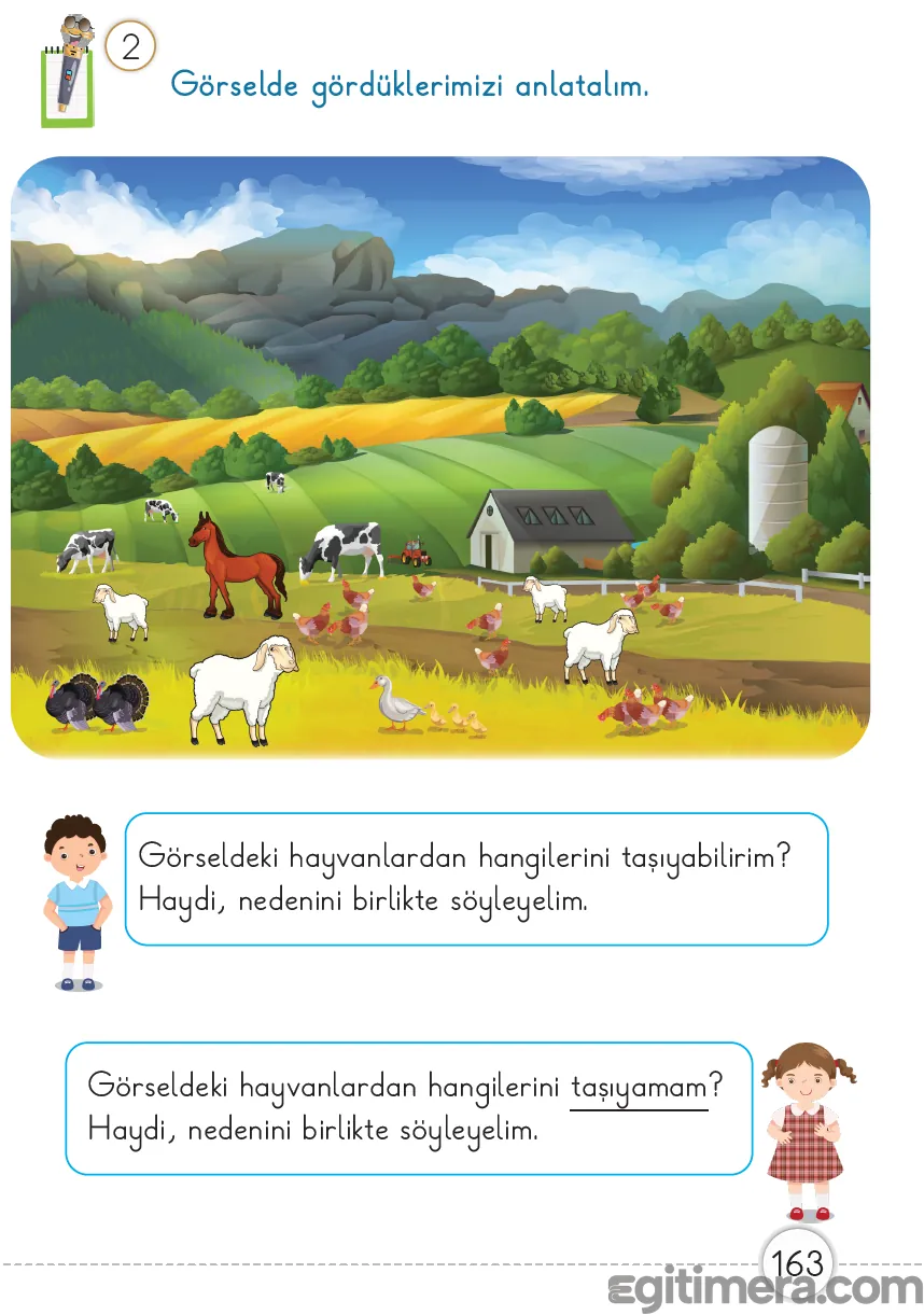 1. Sınıf Matematik ders kitabı sayfa 163; bir fil, zürafa, aslan ve küçük hayvanların yer aldığı ağırlık karşılaştırma görseli.