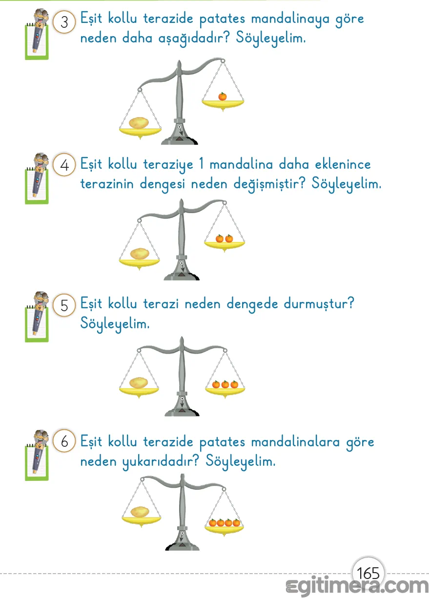 1. Sınıf Matematik ders kitabı sayfa 165; patates ve mandalinaların eşit kollu terazideki farklı denge durumlarını gösteren dört aşamalı görsel.