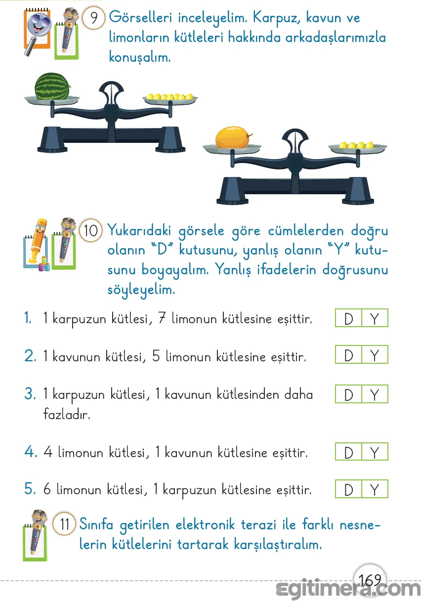 1. Sınıf Matematik ders kitabı sayfa 169; bir karpuzun 7 limona, bir kavunun ise 5 limona eşit olduğu iki farklı terazinin yer aldığı matematik etkinliği.