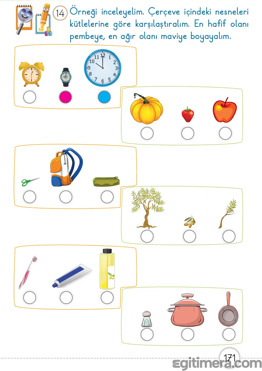 1. Sınıf Matematik ders kitabı sayfa 171; üç farklı grup içindeki nesnelerin en hafifinin pembeye, en ağırının maviye boyandığı çalışma sayfası.