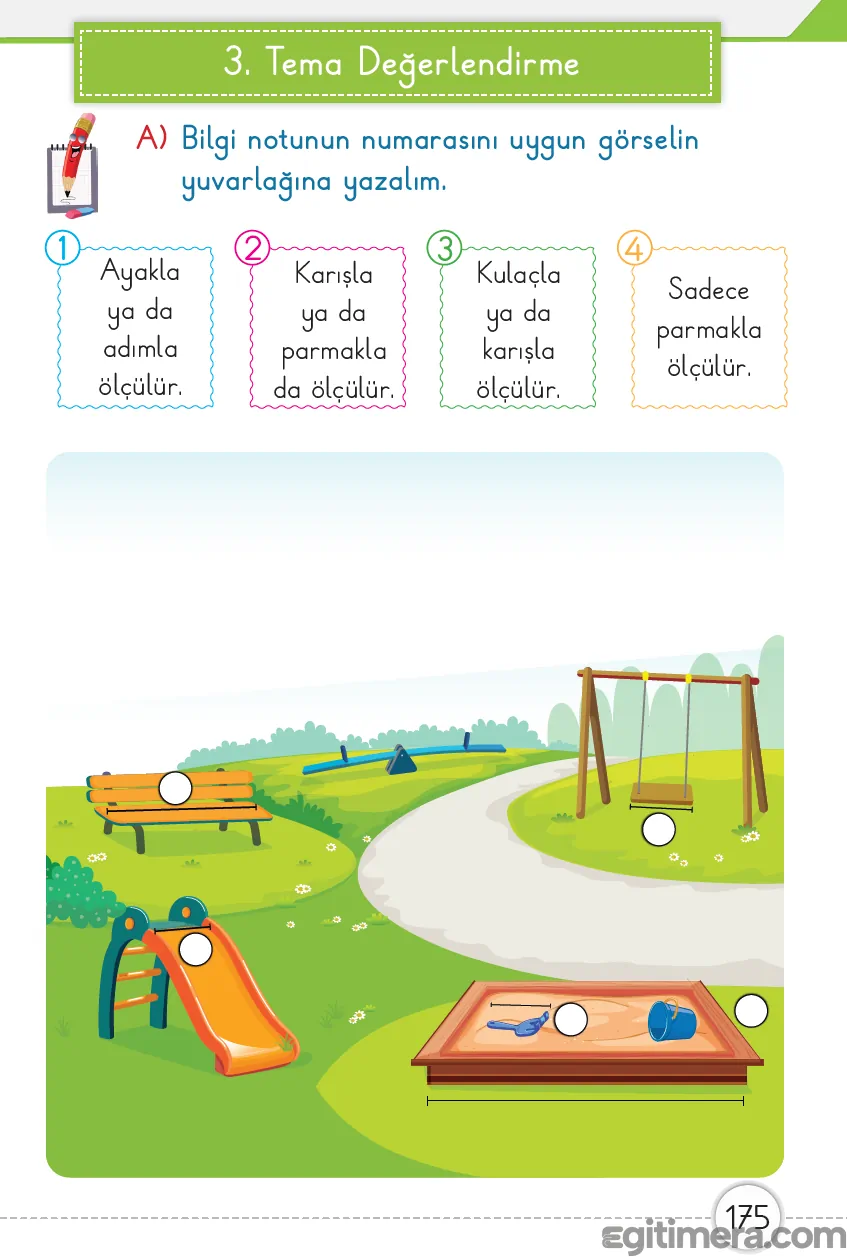 1. Sınıf Matematik ders kitabı sayfa 175; tahta, halı, kitap ve kalem gibi nesnelerin uygun ölçme birimi bilgi notlarıyla eşleştirildiği değerlendirme sayfası.