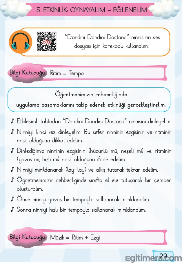 1. Sınıf Müzik ders kitabı sayfa 29; "Dandini Dandini Dastana" ninnisi eşliğinde el ele tutuşup çember oluşturan çocukları ve müzik terimleri bilgi kutucuklarını içeren sayfa düzeni.