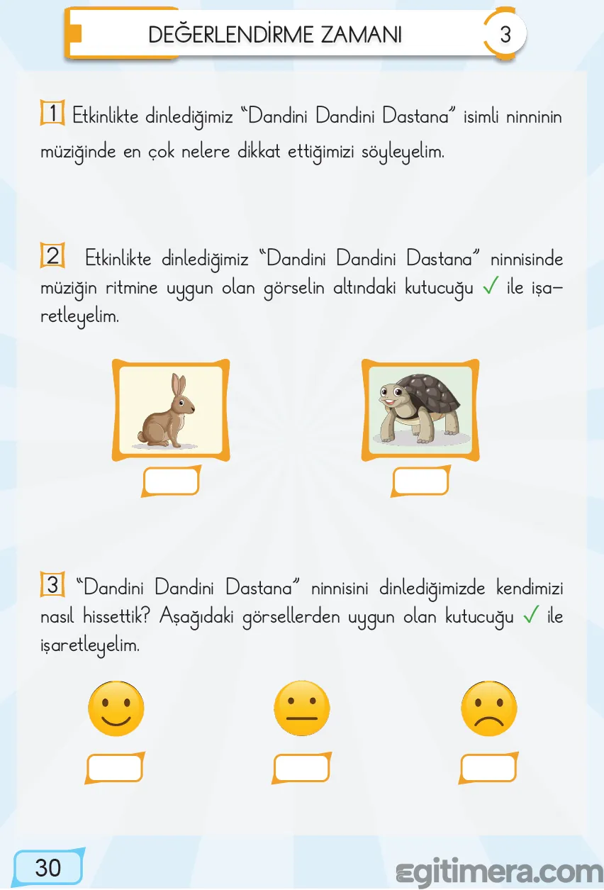1. Sınıf Müzik ders kitabı sayfa 30; uyuyan bebek, sallanan beşik ve farklı duygu ifadelerini (mutlu, uykulu, sakin) içeren "Değerlendirme Zamanı 3" etkinlik sayfası.