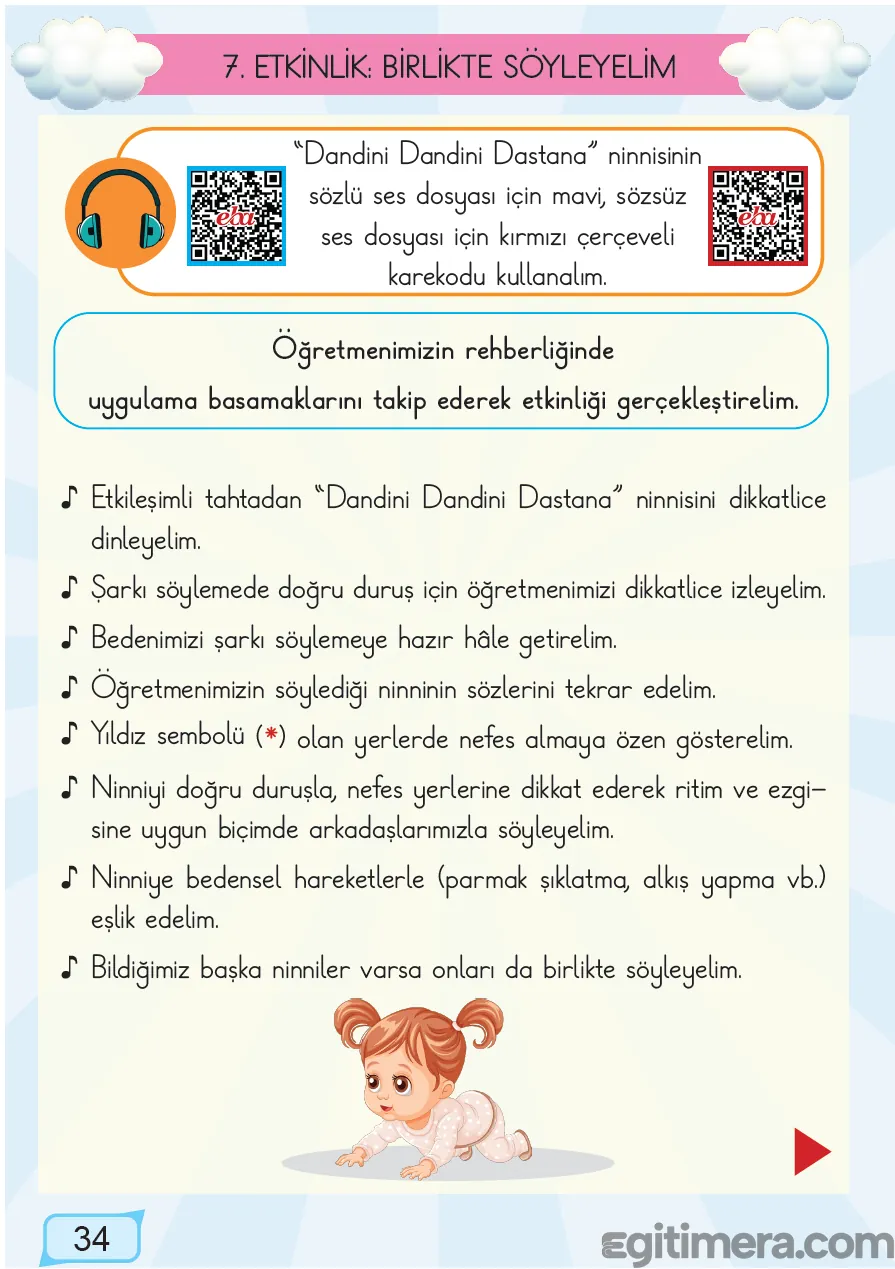 1. Sınıf Müzik ders kitabı sayfa 34; ninni dinleme, doğru duruş ve bedensel hareketlerle eşlik etme etkinliklerini içeren sayfa.