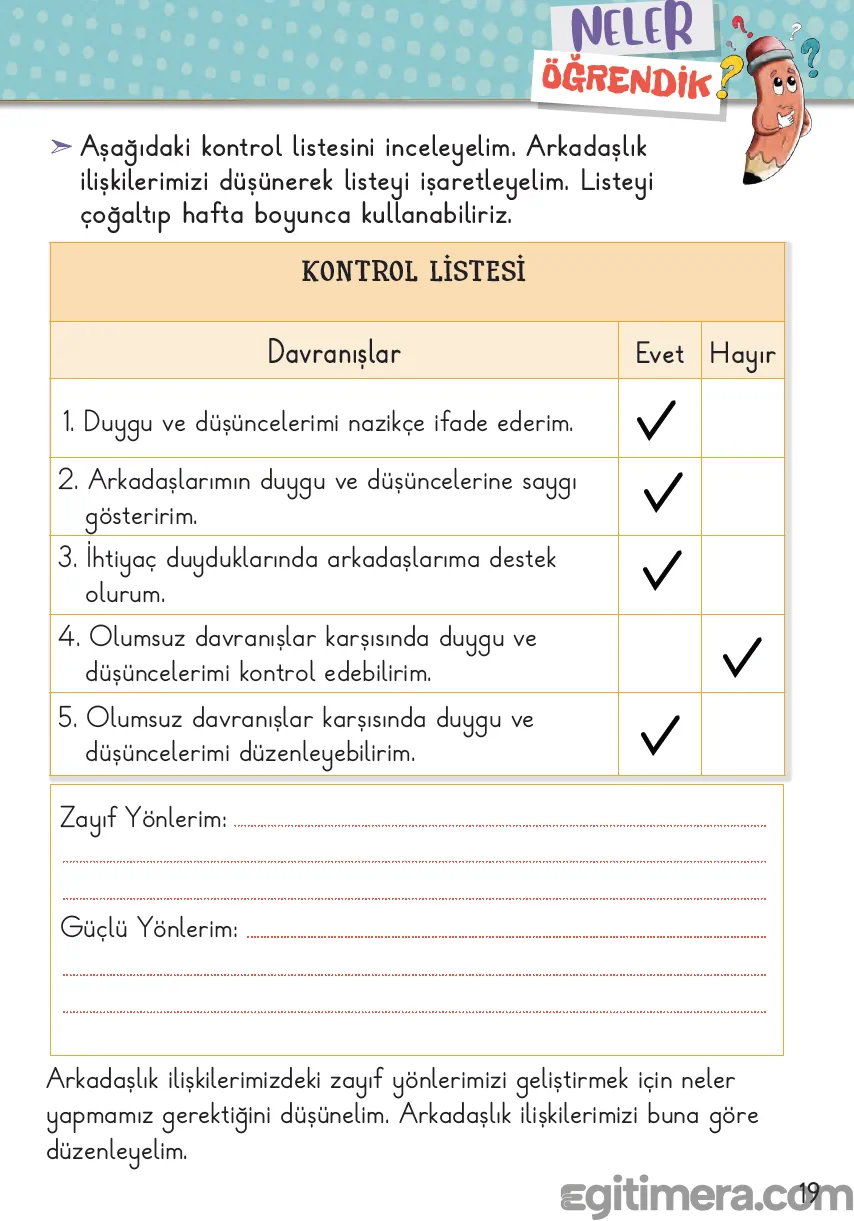 2. Sınıf Hayat Bilgisi ders kitabı sayfa 19; elini çenesine koymuş, üzerinde soru işaretleri uçuşan, düşünceli sevimli bir kalem karakterinin yer aldığı "Neler Öğrendik" ünite sonu değerlendirme sayfası.