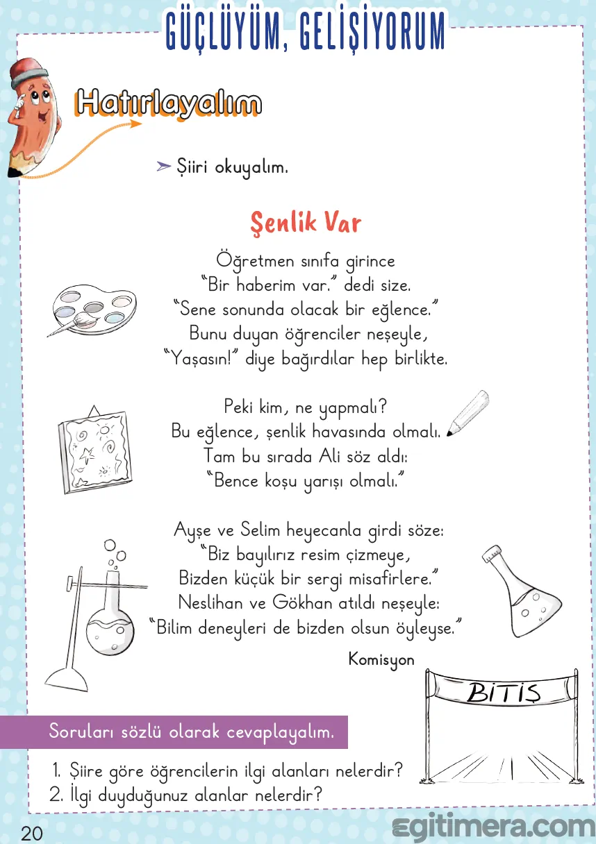 2. Sınıf Hayat Bilgisi ders kitabı sayfa 20; üstte içi sıvı dolu kabarcıklar çıkaran deney balonu, altta ise üzerinde "BİTİŞ" yazan koşu yarışı tamamlama çizgisinin yer aldığı siyah-beyaz çizim görselleri.