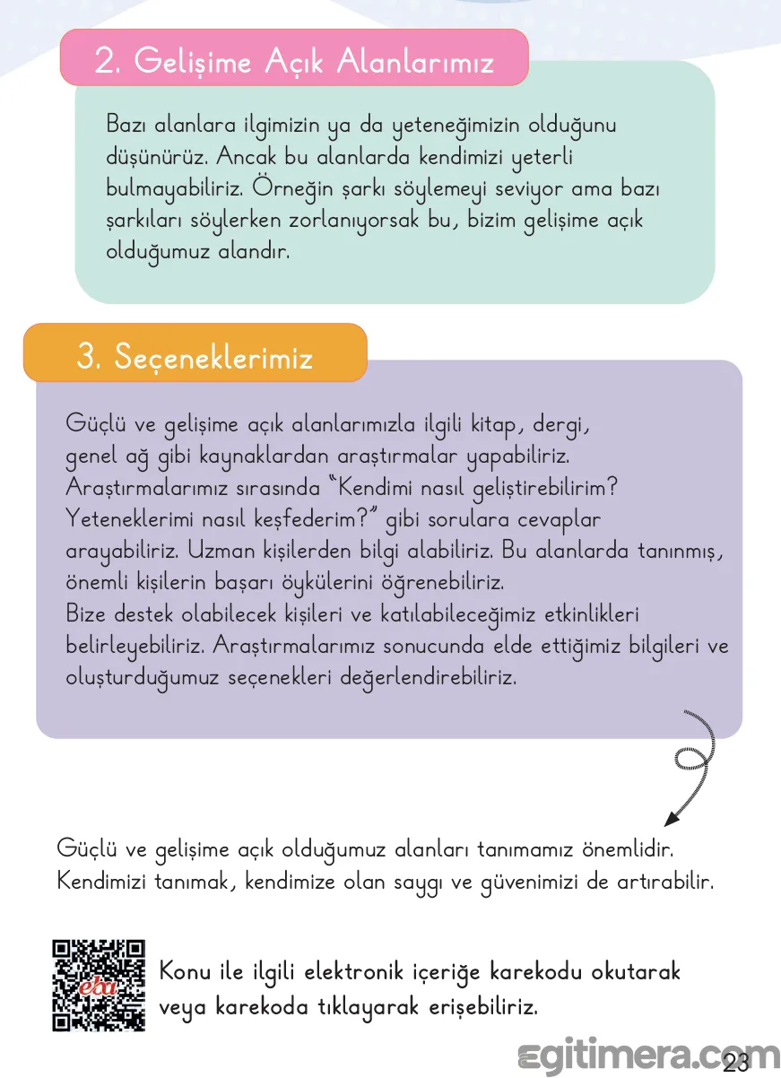 2. Sınıf Hayat Bilgisi ders kitabı sayfa 23; gelişime açık alanları tanımayı, araştırma kaynaklarını, uzman desteğini ve karekod yönlendirmesini içeren konu anlatım sayfası