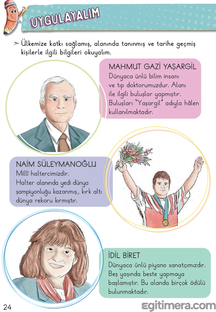 2. Sınıf Hayat Bilgisi ders kitabı sayfa 24; tıp insanı Mahmut Gazi Yaşargil, elinde çiçek demeti ve boynunda altın madalyayla Naim Süleymanoğlu ile piyano sanatçısı İdil Biret'in illüstrasyon çizimlerinin yer aldığı ünite sayfası.