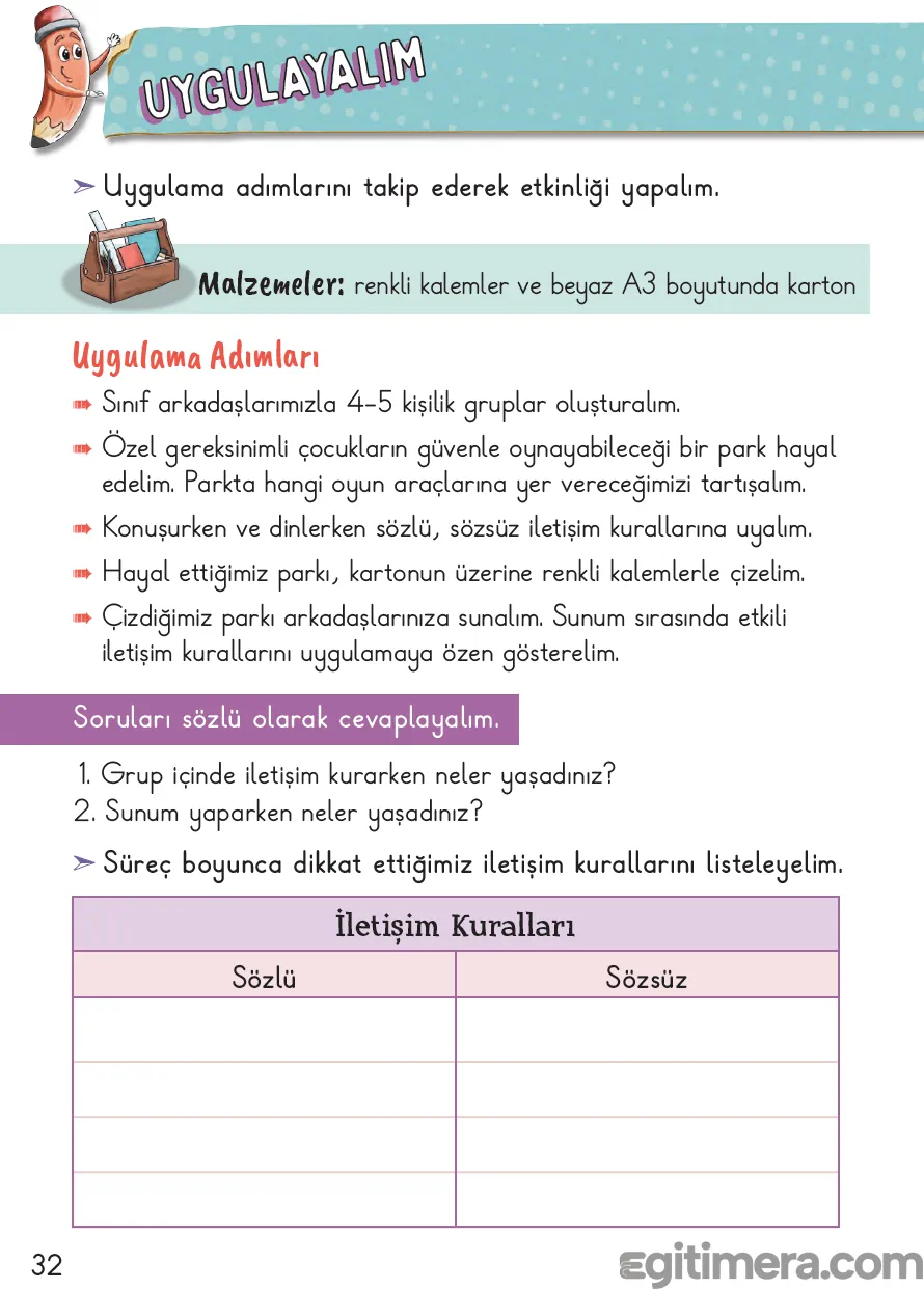 2. Sınıf Hayat Bilgisi ders kitabı sayfa 32; renkli kalemler ve A3 karton malzemeleriyle yapılan, özel gereksinimli çocukların güvenle oynayabileceği park tasarımı grup çalışması sayfası.