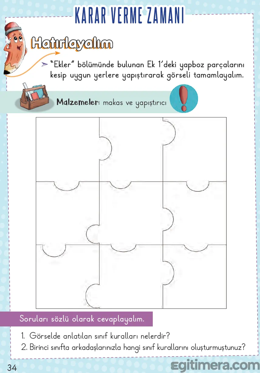 2. Sınıf Hayat Bilgisi ders kitabı sayfa 34; makas ve yapıştırıcı simgelerinin yer aldığı, "Ekler" bölümündeki yapboz parçalarının yapıştırılacağı boş alanları içeren "Karar Verme Zamanı" giriş sayfası.