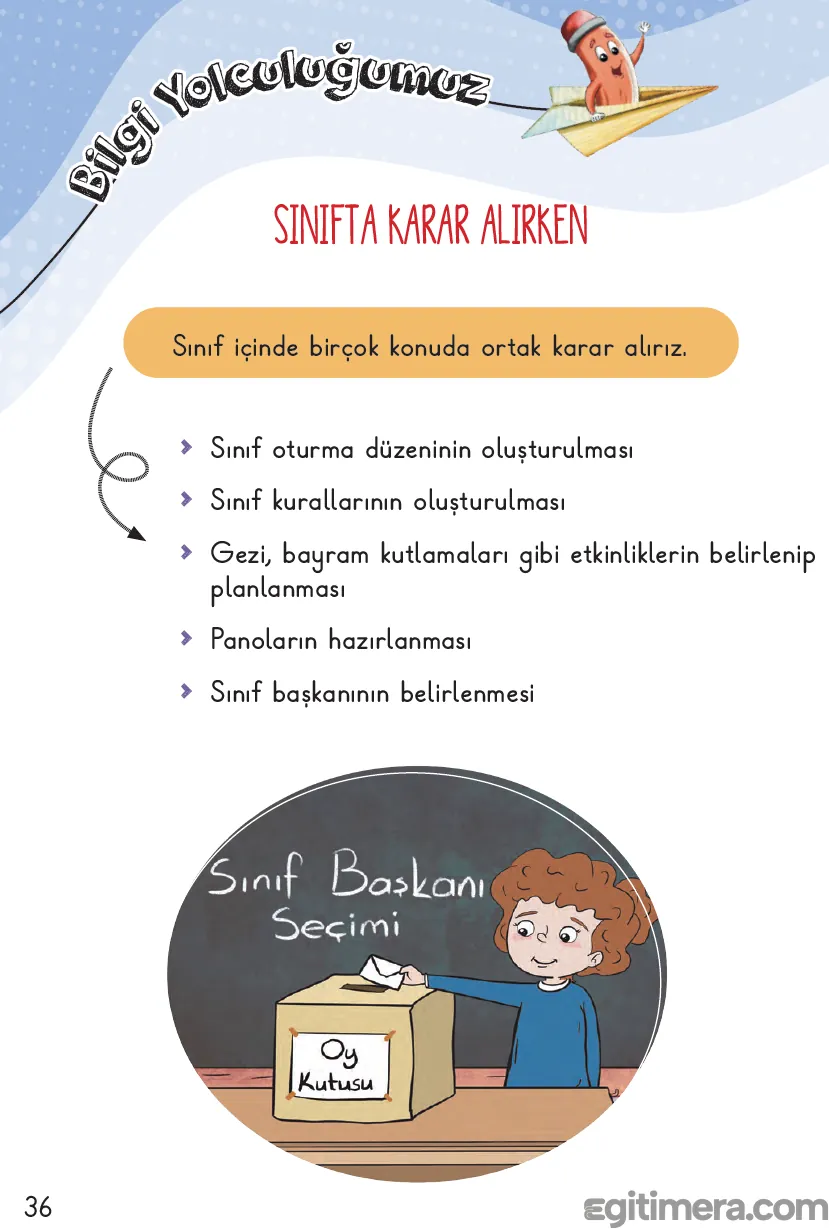2. Sınıf Hayat Bilgisi ders kitabı sayfa 36; üzerinde "Sınıf Başkanı Seçimi" yazan yeşil renkli bir oy kutusuna zarf atan bir öğrenci elinin yer aldığı çizim görseli.