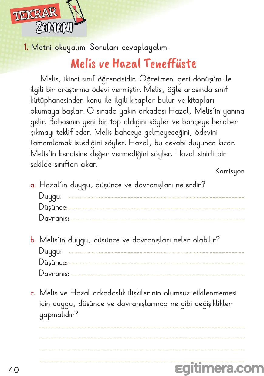 2. Sınıf Hayat Bilgisi ders kitabı sayfa 40; sol tarafta kırmızı zemin üzerinde beyaz harflerle "Tekrar Zamanı" başlığı, sağ tarafta ise siyah-beyaz bir kum saati çiziminin yer aldığı ünite değerlendirme sayfası.