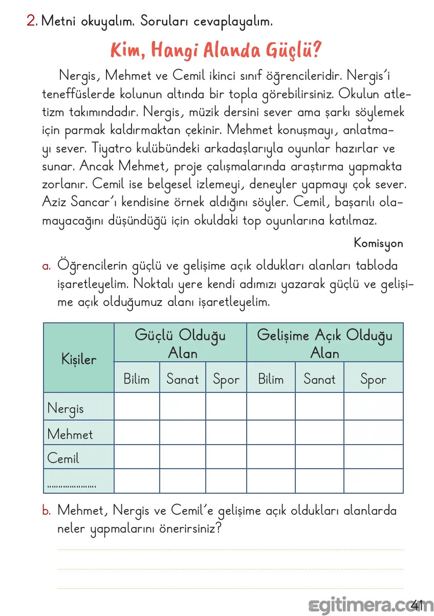 2. Sınıf Hayat Bilgisi ders kitabı sayfa 41; Nergis, Mehmet, Cemil ve öğrencinin kendi adını yazacağı, bilim, sanat, spor dallarında güçlü ve gelişime açık alanları belirleyen tablo.