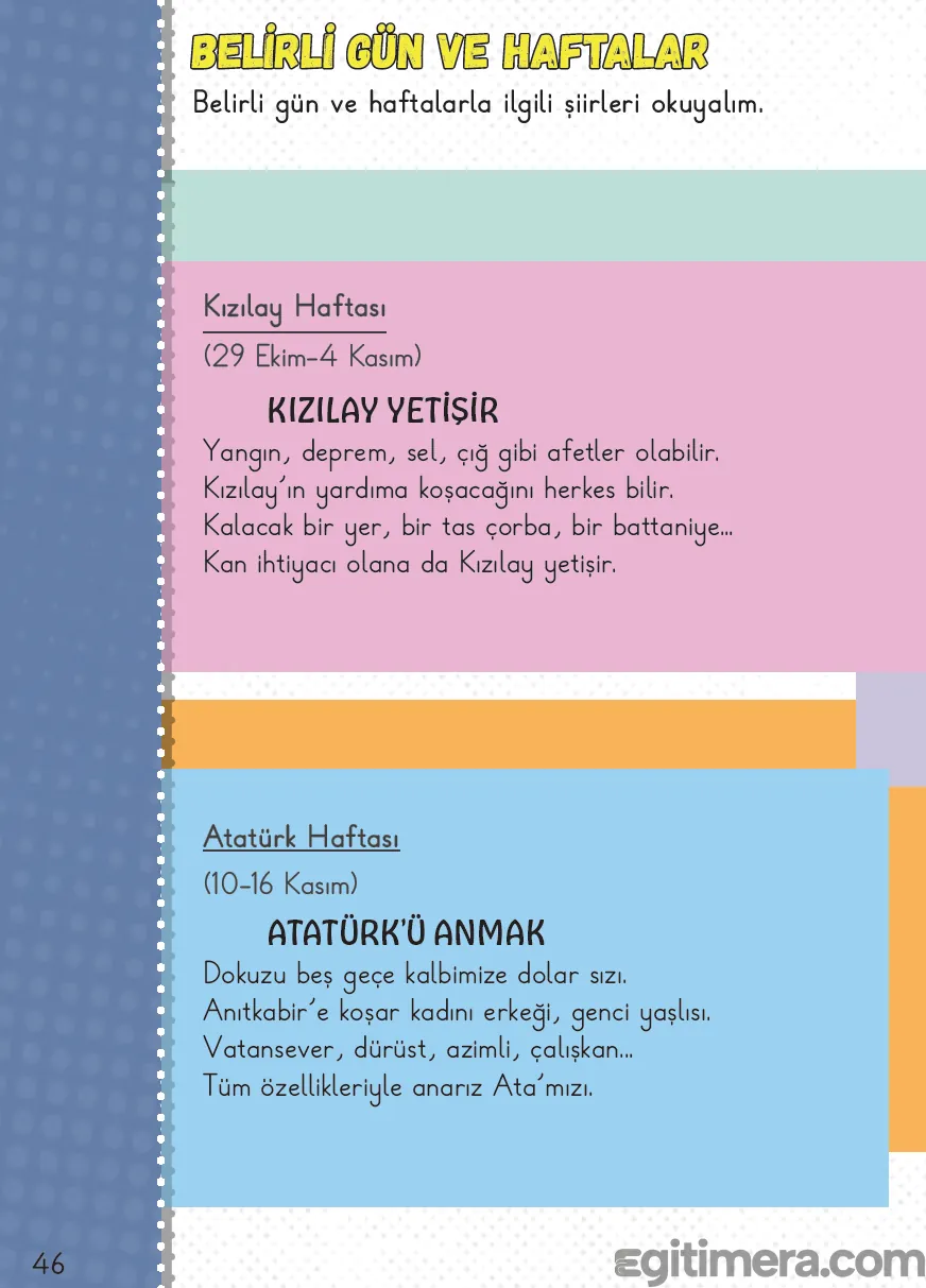 2. Sınıf Hayat Bilgisi ders kitabı sayfa 46; üst kısımda "Kızılay Haftası (29 Ekim-4 Kasım)" ve altında "Atatürk Haftası (10-16 Kasım)" başlıklarıyla iki adet eğitici çocuk şiirinin yer aldığı sayfa.