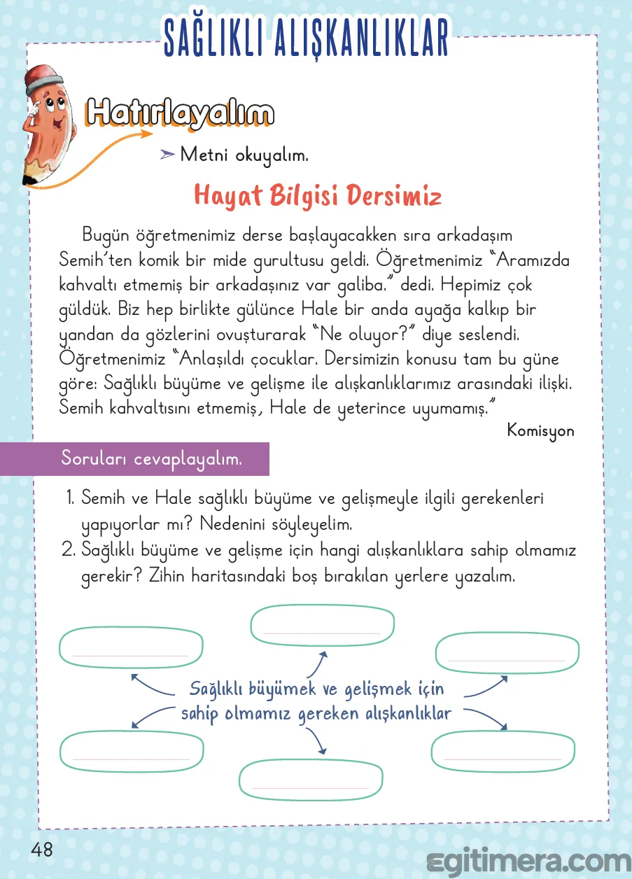 2. Sınıf Hayat Bilgisi ders kitabı sayfa 48; "Sağlıklı büyümek ve gelişmek için sahip olmamız gereken alışkanlıklar" başlıklı, etrafında 6 adet boş oval kutu bulunan yeşil renkli zihin haritası şeması.
