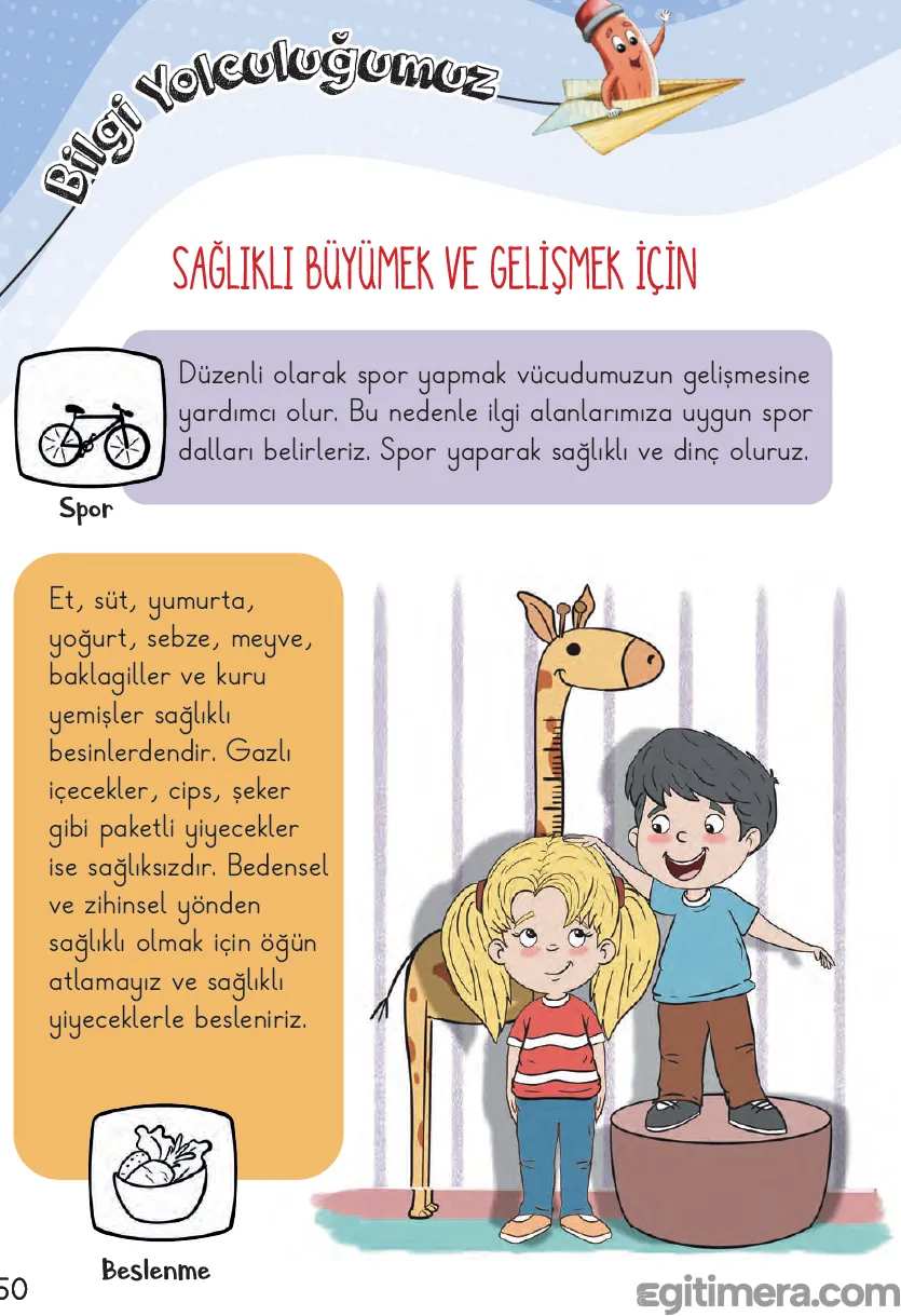 2. Sınıf Hayat Bilgisi ders kitabı sayfa 50; üstte bisiklet simgesi, ortada zürafa boy ölçer önünde duran kız ve erkek çocuk çizimi ile spor ve beslenme içerikli bilgi metni.