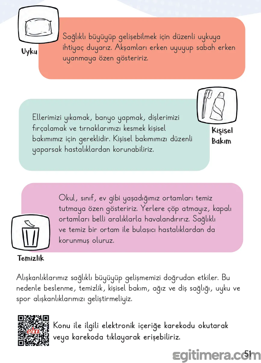 2. Sınıf Hayat Bilgisi ders kitabı sayfa 51; üst köşesinde kare içinde bir yastık simgesi bulunan, uyku, kişisel bakım ve çevre temizliği konularını maddelerle açıklayan ünite sayfası.