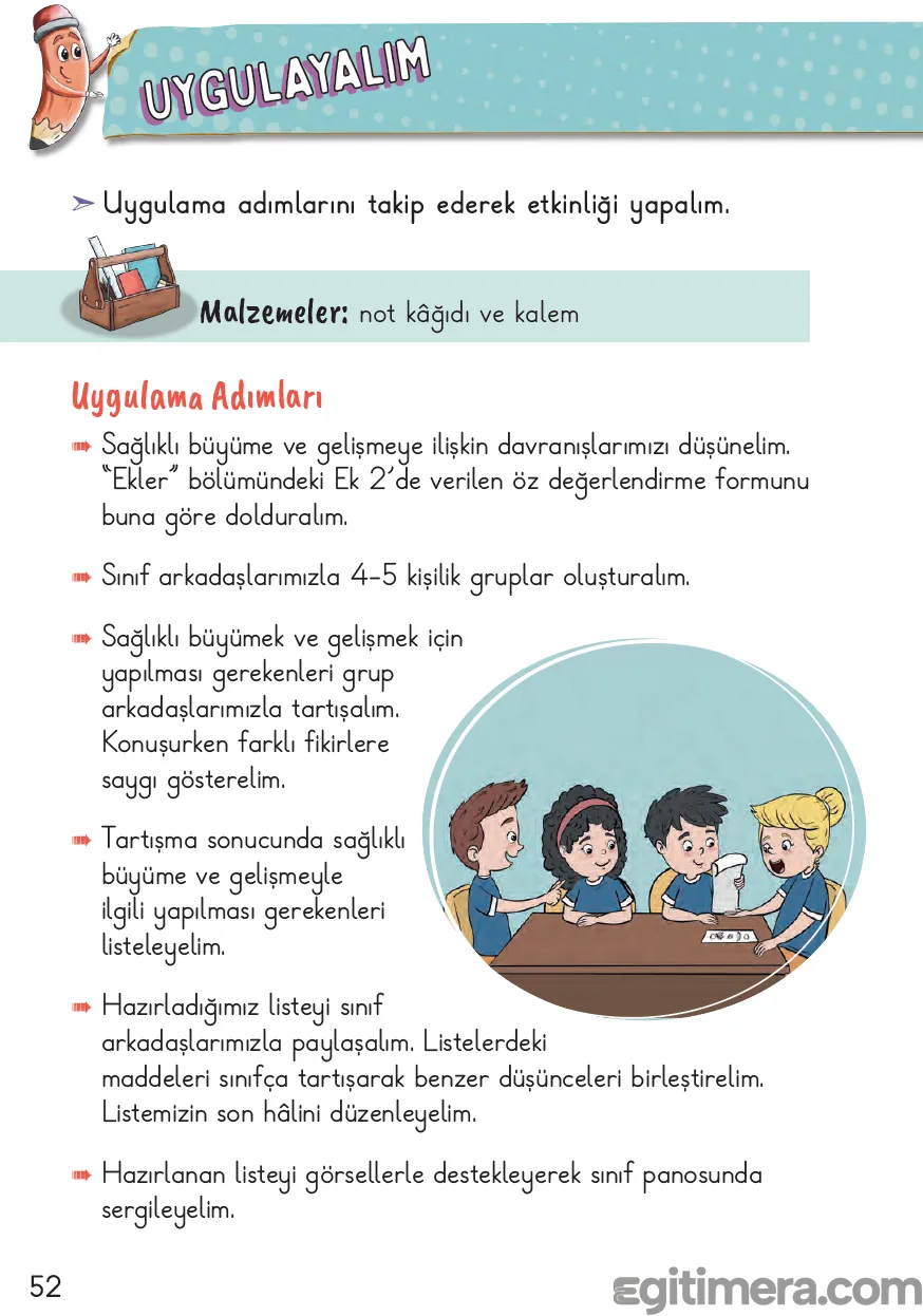 2. Sınıf Hayat Bilgisi ders kitabı sayfa 52; yuvarlak mavi bir çerçeve içinde, ahşap bir masa etrafında toplanmış, ellerindeki not kâğıtları ve listelerle neşeyle grup çalışması yapan dört öğrencinin (iki kız, iki erkek) yer aldığı çizim.