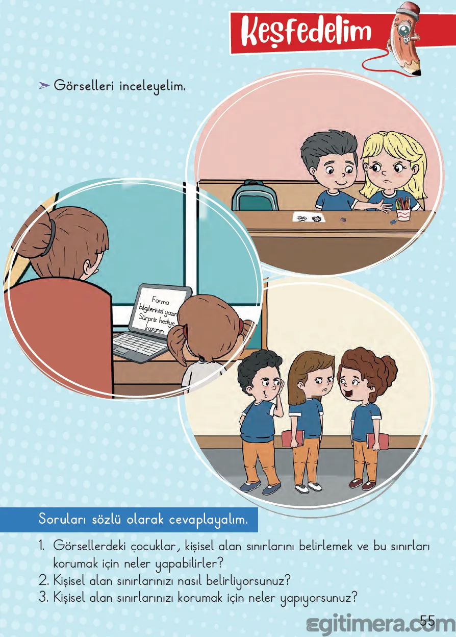 2. Sınıf Hayat Bilgisi ders kitabı sayfa 55; üstte "Forma bilgilerinizi yazın, sürpriz hediye kazanın" yazılı broşüre şüpheyle bakan bir çocuk ile internet/sosyal medya güvenliğini ve kişisel sınırları içeren görseller, altta ise 3 adet sözlü soru.