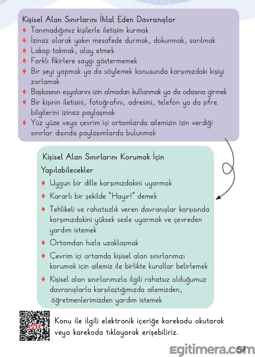 2. Sınıf Hayat Bilgisi ders kitabı sayfa 57; kişisel sınırları ihlal eden maddeler ile bu durumlar karşısında alınabilecek önlemleri iki büyük başlık altında listeleyen sayfa.