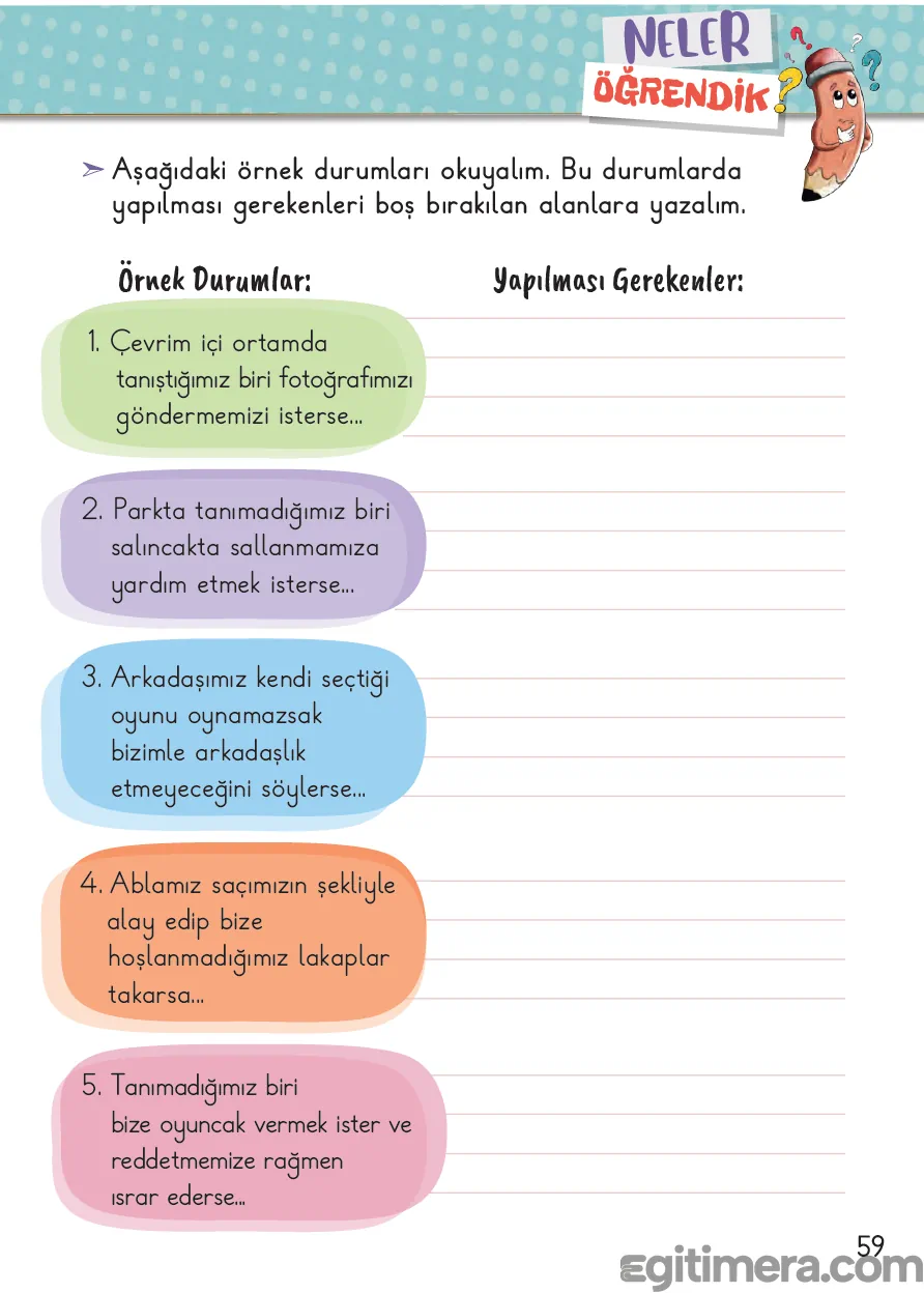 2. Sınıf Hayat Bilgisi ders kitabı sayfa 59; 5 farklı sınır ihlali ve tehlikeli örnek durum içeren "Örnek Durumlar" ve "Yapılması Gerekenler" tablosu.