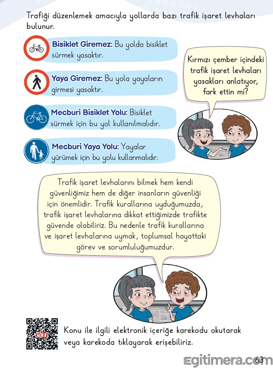 2. Sınıf Hayat Bilgisi ders kitabı sayfa 63; üst tarafta kırmızı çember içinde yasaklama levhaları (Bisiklet Giremez, Yaya Giremez), alt tarafta ise mavi yuvarlak zeminli mecburi yön levhaları (Mecburi Bisiklet Yolu, Mecburi Yaya Yolu) çizimlerini içeren sayfa.