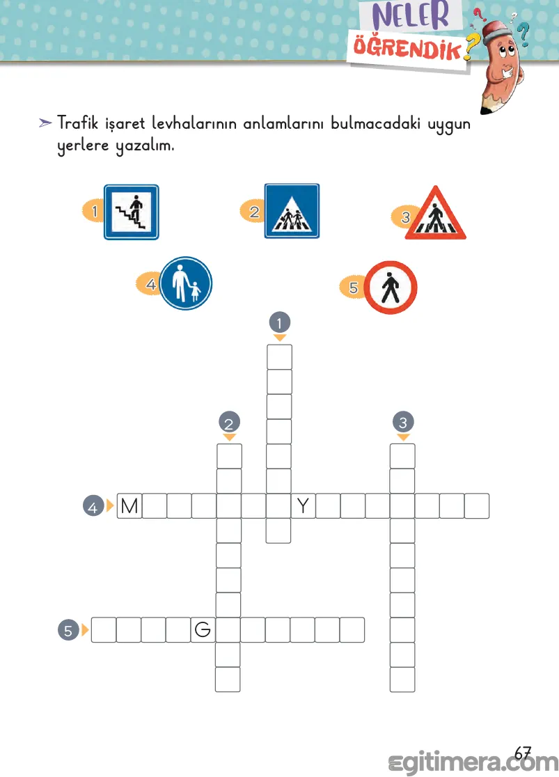 2. Sınıf Hayat Bilgisi ders kitabı sayfa 67; üstte numaralandırılmış 5 farklı trafik işaret levhası (Mecburi Bisiklet Yolu, Yaya Geçidi, Okul Geçidi, Işıklı İşaret Cihazı, Bisiklet Giremez) resmi ve altta bu levhaların isimlerinin yazılacağı kare kutucuklardan oluşan çengel bulmaca şeması.