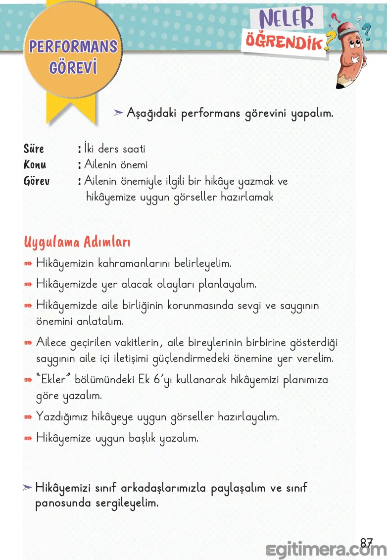 2. Sınıf Hayat Bilgisi ders kitabı sayfa 87; üstte "NELER ÖĞRENDİK?" ve "PERFORMANS GÖREVİ" başlıkları, altında ailenin önemiyle ilgili hikaye yazma ve görsel hazırlama uygulama adımlarını içeren sayfa.