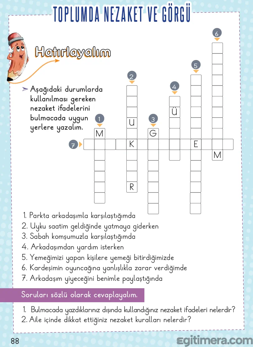 2. Sınıf Hayat Bilgisi ders kitabı sayfa 88; üstte "TOPLUMDA NEZAKET VE GÖRGÜ" başlığı, altında 7 soruluk nezaket ifadeleri bulmaca şeması ve en altta 2 adet sözlü soru.