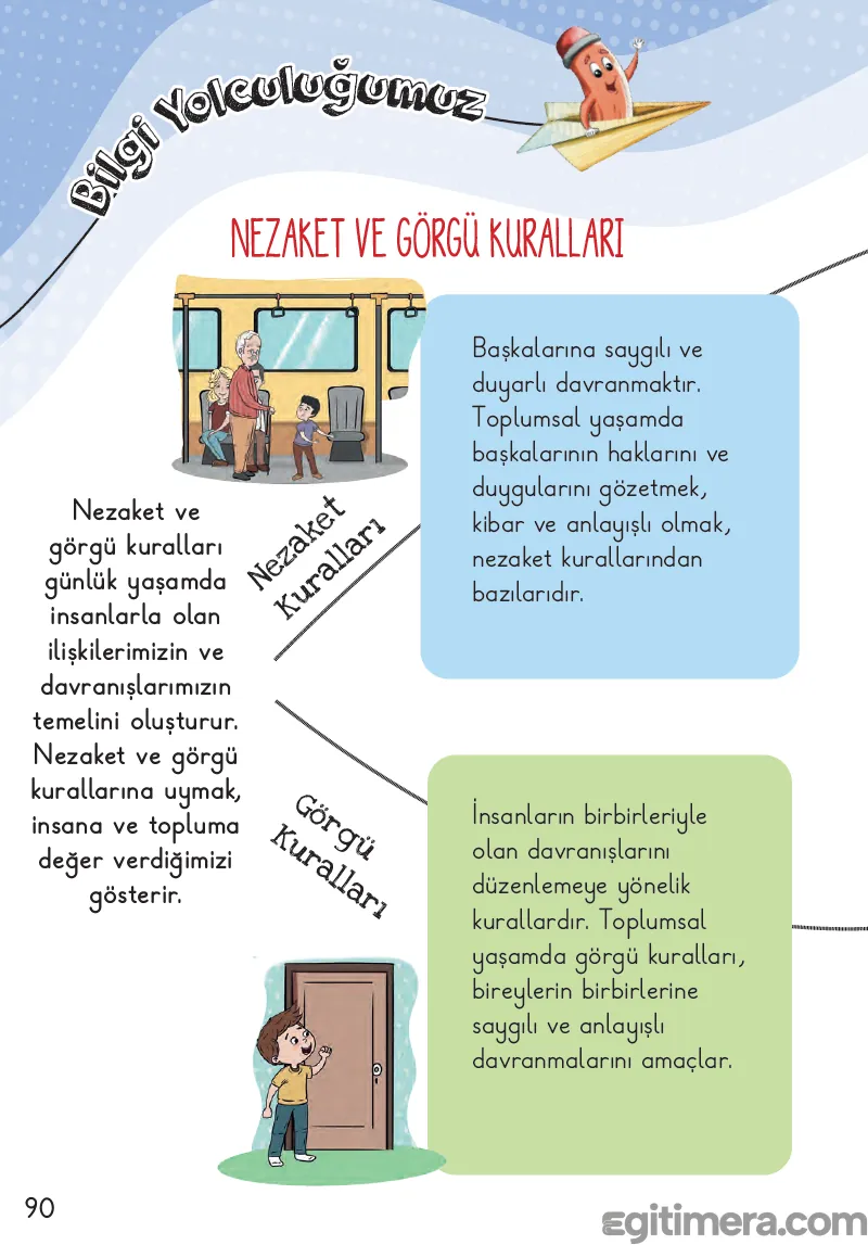 2. Sınıf Hayat Bilgisi ders kitabı sayfa 90; üstte otobüste yaşlı bir adama yer veren çocuk ve bir odaya girmeden önce kapıyı çalan çocuk görselleri, altında ise nezaket ve görgü kurallarını açıklayan kavram haritası barındıran sayfa.
