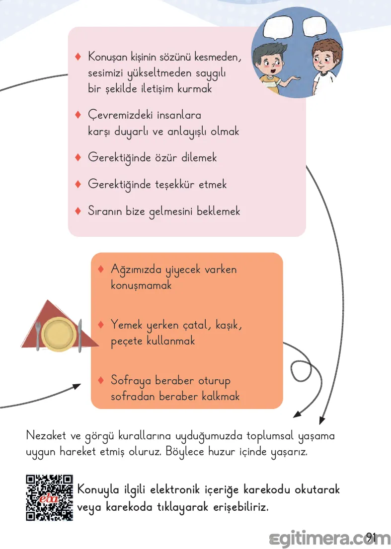 2. Sınıf Hayat Bilgisi ders kitabı sayfa 91; üst tarafta konuşma ve düşünce balonu olan iki çocuk figürü, altında nezaket ve yemek görgü kurallarını içeren maddeler ile 112/karekod uyarısı.