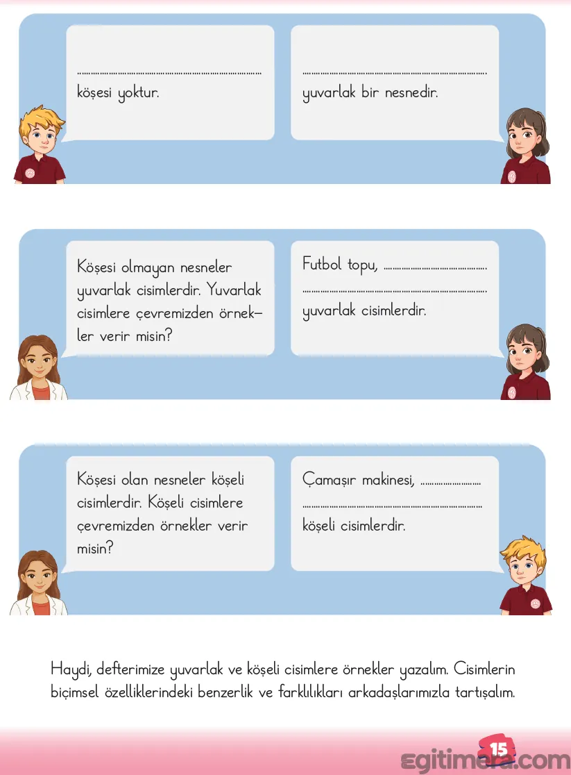 2. Sınıf Matematik ders kitabı sayfa 15; üstte dondurma külahı görseli, ortada kız ve erkek öğrencilerin konuşma baloncukları ile en altta defter etkinliği.