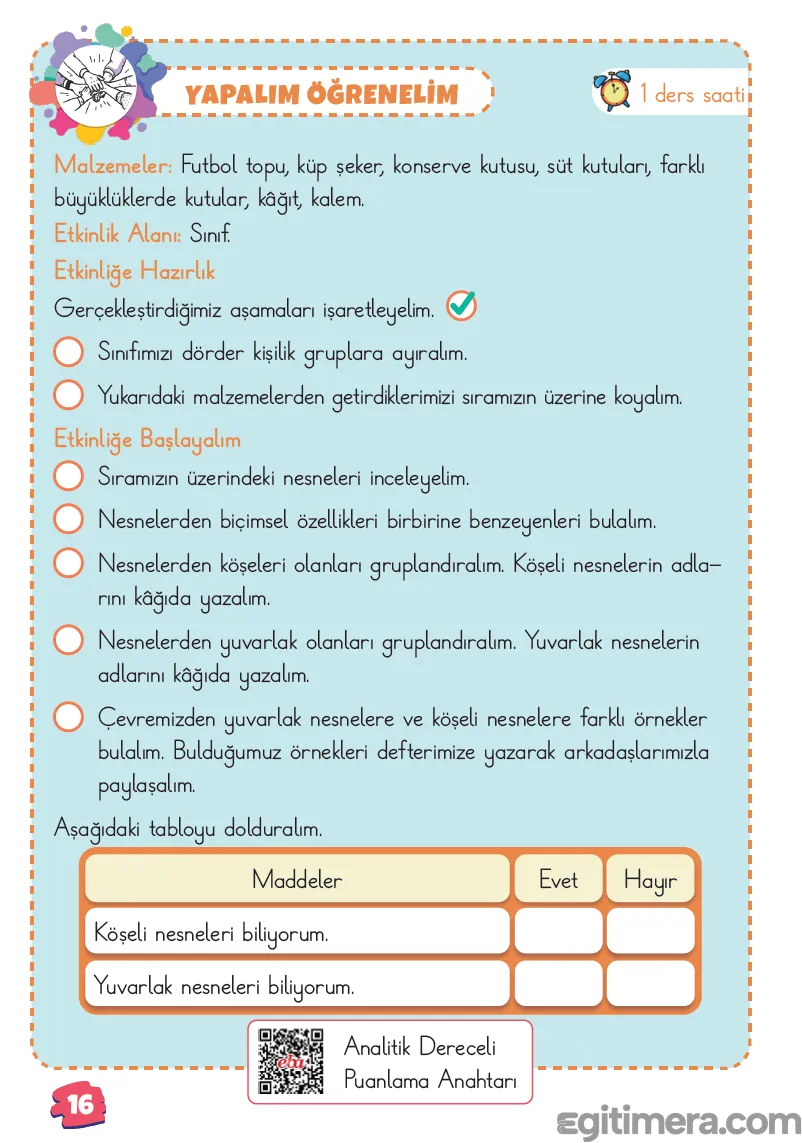 2. Sınıf Matematik ders kitabı sayfa 16; üstte malzeme listesi ve hazırlık adımları, ortada etkinlik adımları ve altta "Evet/Hayır" puanlama tablosu içeren sayfa.