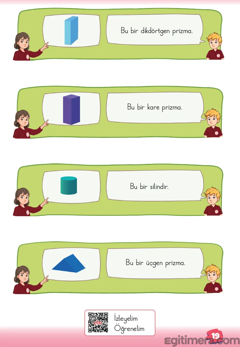 2. Sınıf Matematik ders kitabı sayfa 19; sırasıyla dikdörtgen prizma, kare prizma, silindir ve üçgen prizma modellerini gösteren Ela ile isimlerini açıklayan Kerem.