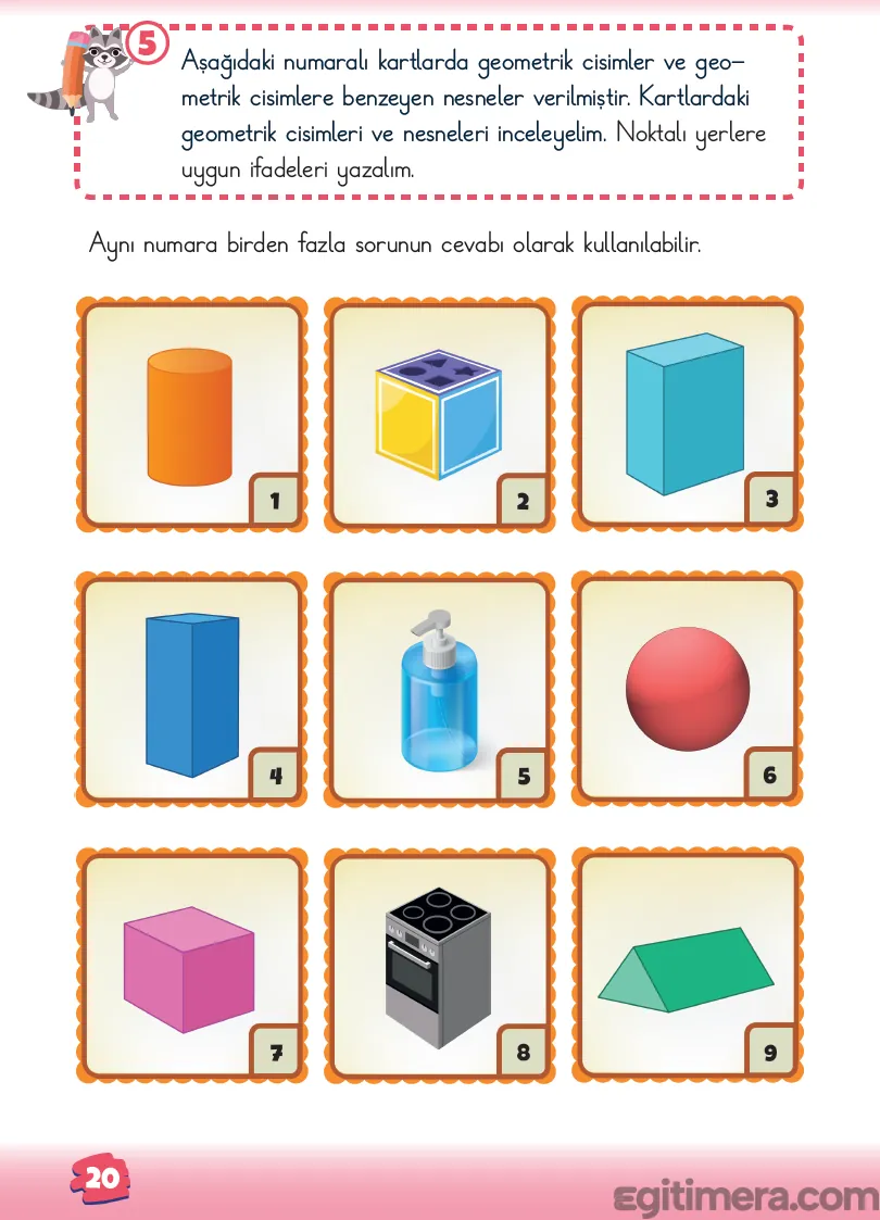 2. Sınıf Matematik ders kitabı sayfa 20; üstte 1'den 9'a kadar numaralandırılmış geometrik cisim ve nesne kartları (zar, süt kutusu, silindir, küre vb.) ile altında boşluk doldurma soruları.
