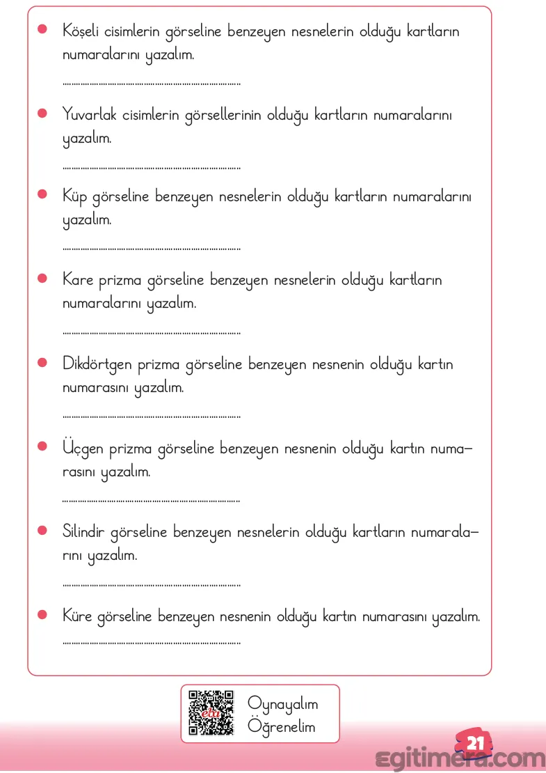 2. Sınıf Matematik ders kitabı sayfa 21; üstte 20. sayfadaki kartlara ait 8 adet açık uçlu alt soru ve en altta "Oynayalım Öğrenelim" başlığı yer alan sayfa.